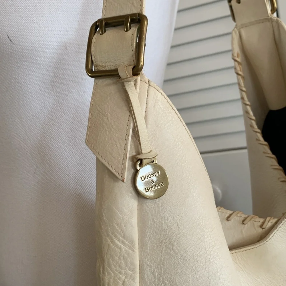 Dooney & Bourke Ivory Leather Whipstitched Large Hobo Shoulder Bag Made in Italy